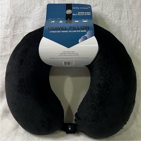 Kathy Ireland Black WhereEver Travel Pillow Snap Closure Memory Foam Velvet Cove - Picture 1 of 2